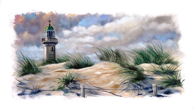 Картины, фото с паспарту Beach dunes and the lighthouse