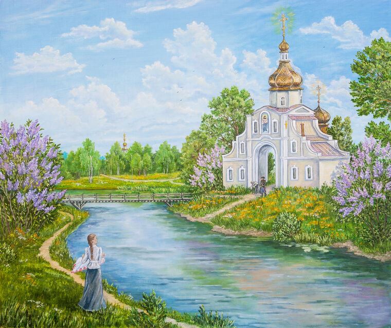 Картины на пластике, пеноркартоне Landscape with the river and the Orthodox Church