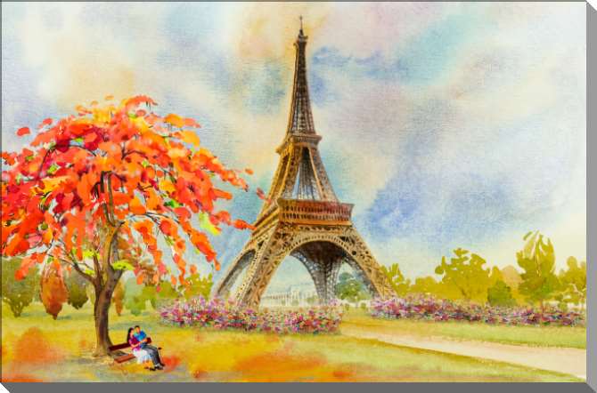Купить и печать на заказ Картины Влюбленные на фоне Эйфелевой башни