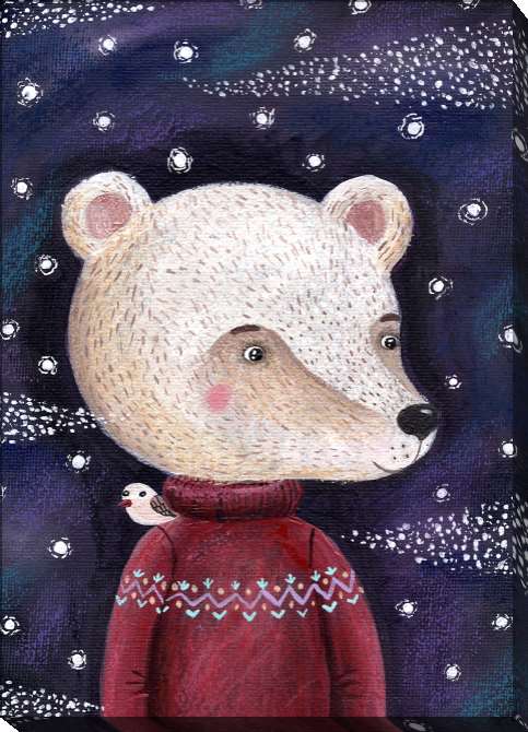 Купить и печать на заказ Картины Белый медведь в бордовом свитере с птичкой