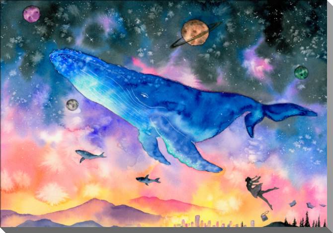 Купить и печать на заказ Картины Большой кит в фантастическом пространстве в небе 4