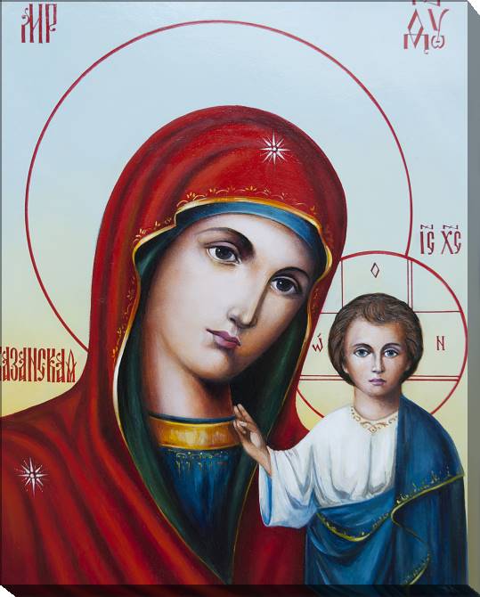 Купить и печать на заказ Картины Казанская икона Божией Матери на светлом фоне