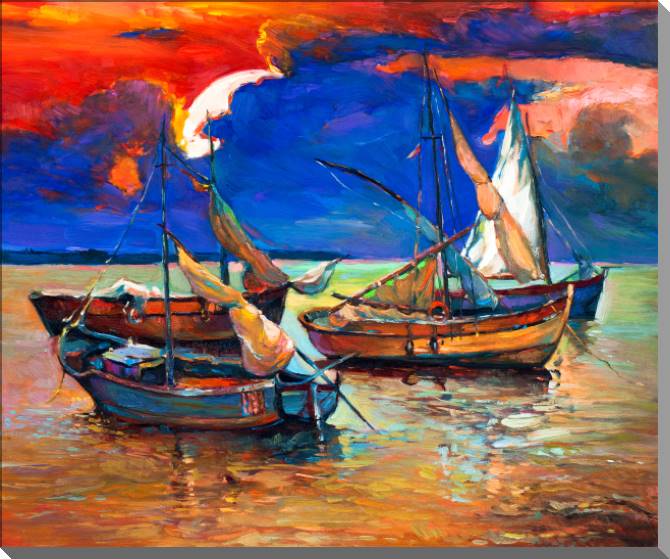 Paintings Boats on the shore at sunset