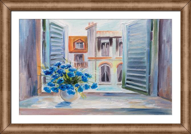 Купить и печать на заказ Репродукции картин Букет синих цветов у окна