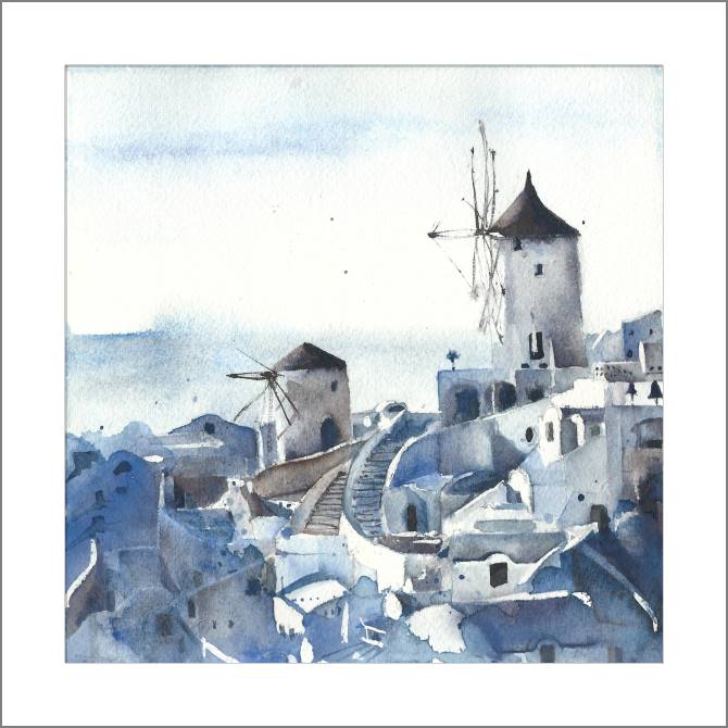 Купить и печать на заказ Картины Акварельный рисунок Санторини, Греция