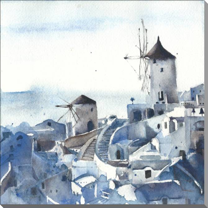Купить и печать на заказ Картины Акварельный рисунок Санторини, Греция