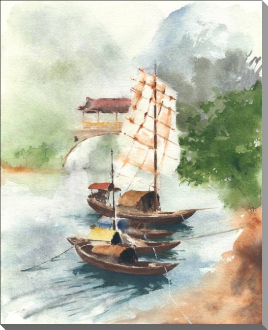 Картины Boat on the river, Chinese landscape