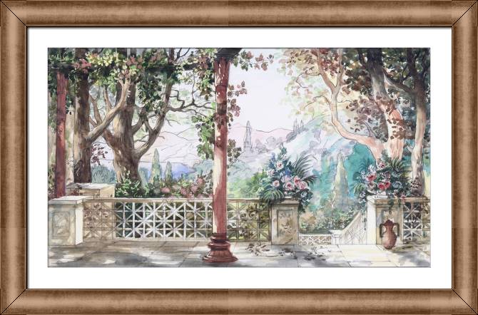 Купить и печать на заказ Репродукции картин Эскиз с пейзажем и цветами
