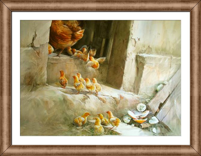 Купить и печать на заказ Репродукции картин Акварельная живопись цыплята с курицей