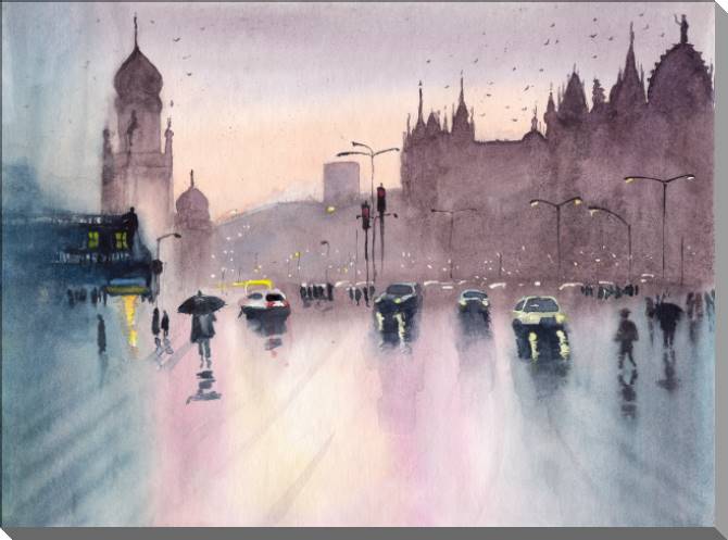 Купить и печать на заказ Картины Дождливый пейзаж Мумбаи с автомобилями и пешеходами