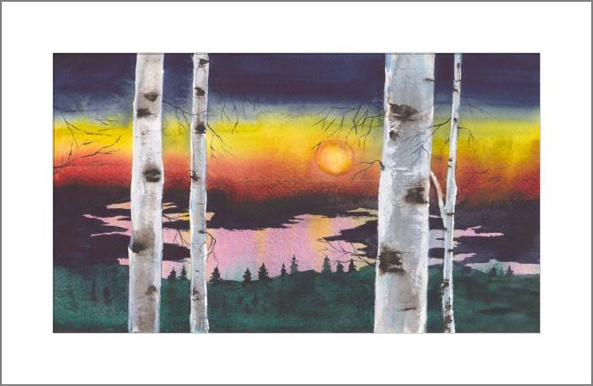 Купить и печать на заказ Картины Закат в березовом лесу