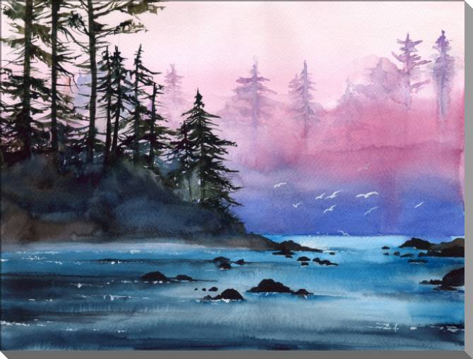 Купить и печать на заказ Картины Акварельный пейзаж с туманной рекой