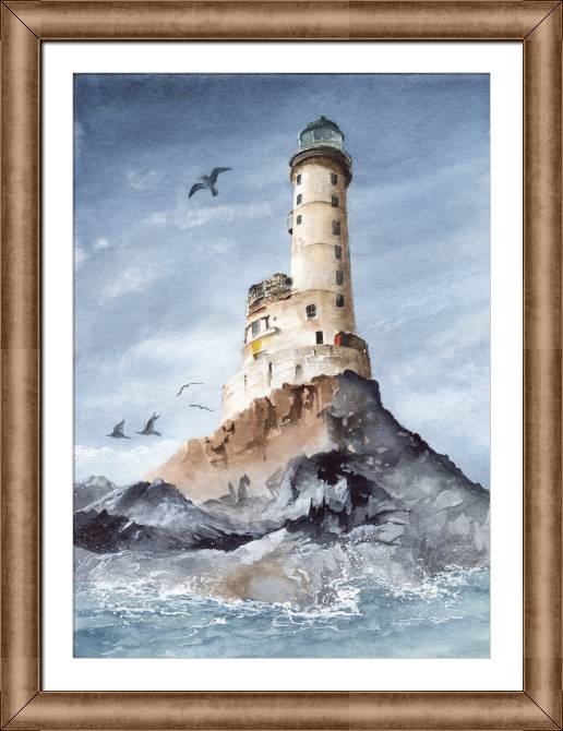 Купить и печать на заказ Картины Акварельная живопись маяк на скалистом берегу