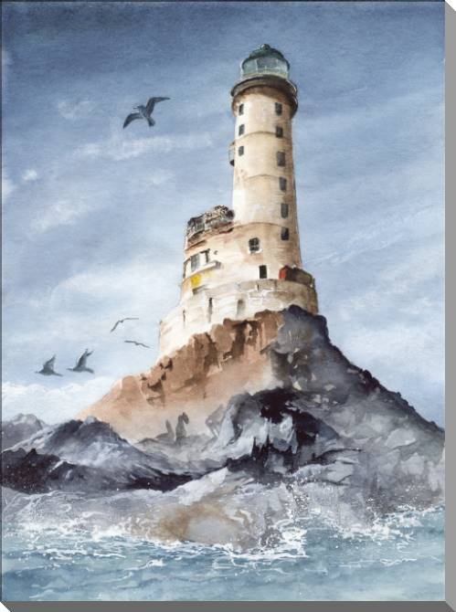 Купить и печать на заказ Картины Акварельная живопись маяк на скалистом берегу