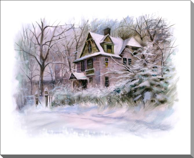 Купить и печать на заказ Картины Зимний пейзаж с домиком