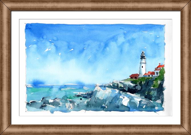 Купить и печать на заказ Картины Акварельный морской пейзаж с маяком