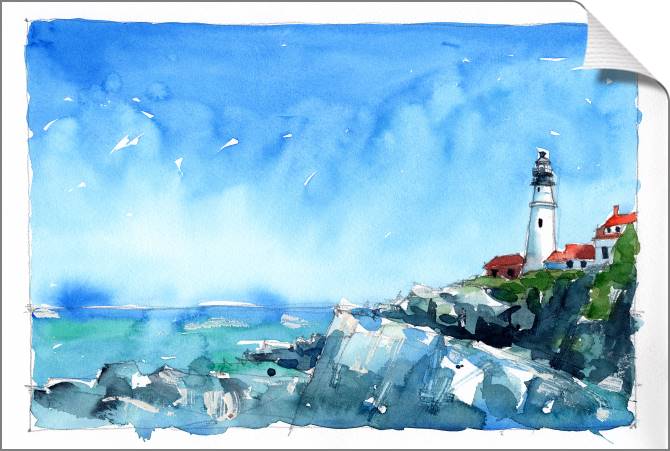 Купить и печать на заказ Картины Акварельный морской пейзаж с маяком