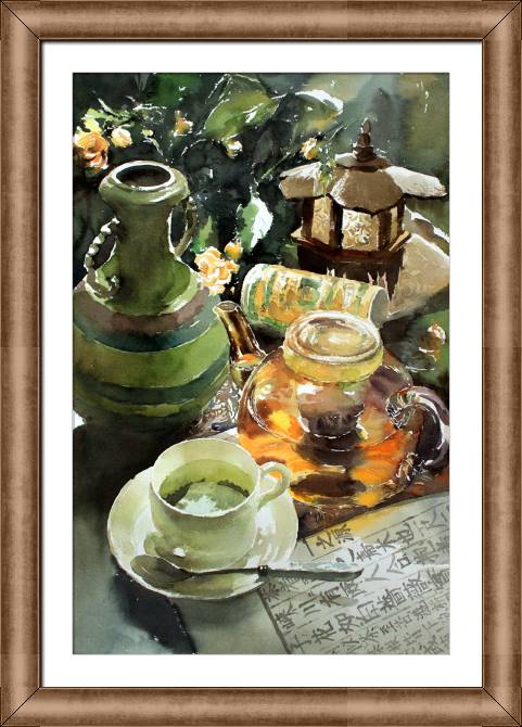 Купить и печать на заказ Репродукции картин Акварельный натюрморт с чашкой чая
